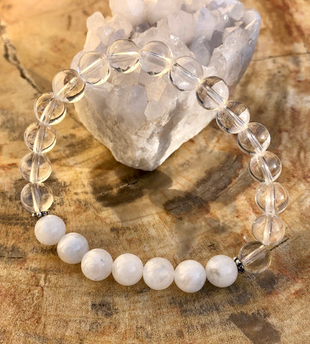 Rainbow Moonstone & Crystal Quartz Stretch Bracelet! Genuine Crystals!